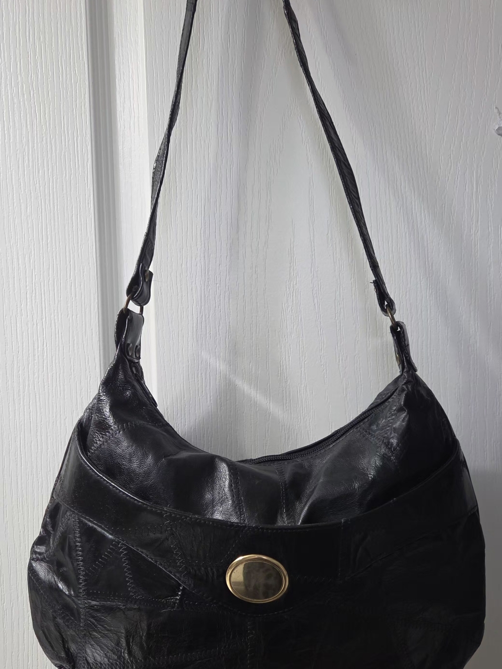 Vintage Black Leather Shoulder Bag with Gold Accent
